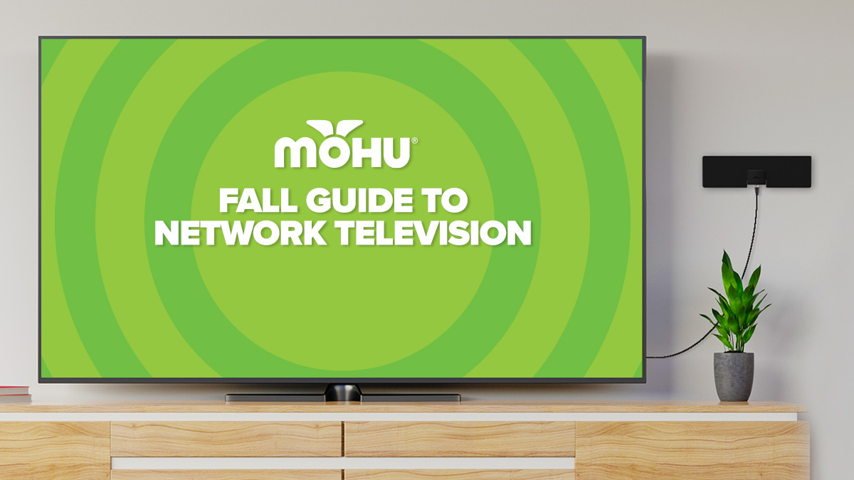 TV screen in living room with Mohu antenna on the wall, Fall Guide to Network Television, Mohu