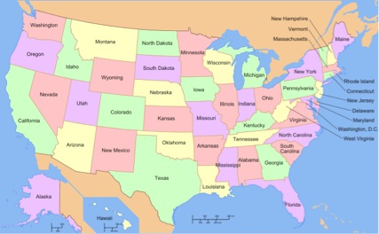 Map of the United States with text labels for each state