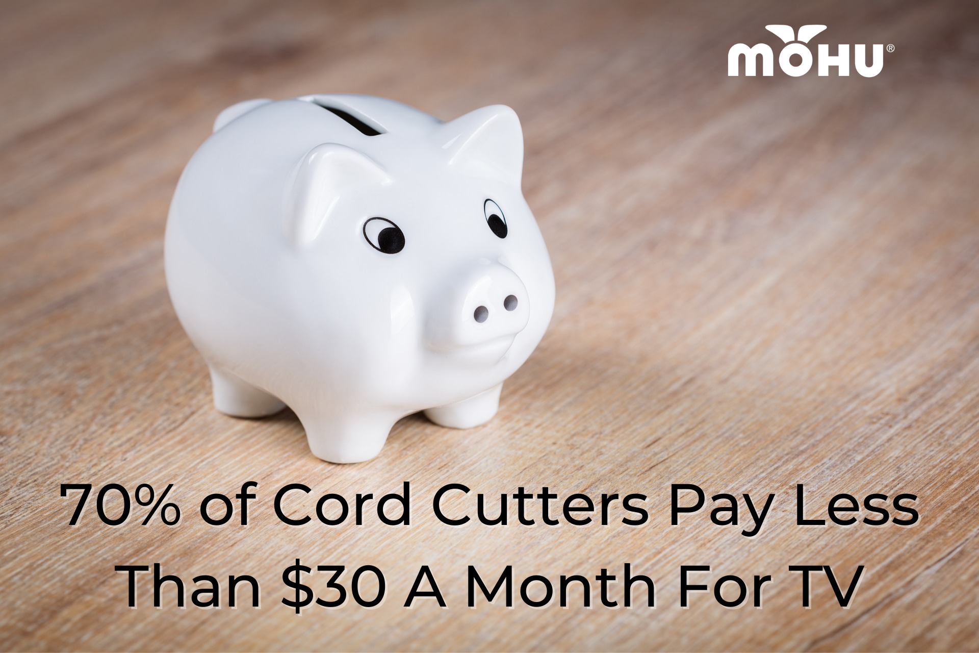 Piggy bank on table, 70% of Cord Cutters Pay Less Than $30 A Month For TV, Mohu logo