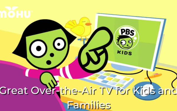 PBS Kids promo image, cartoon girl in front of computer monitor with PBS kids logo, Great Over-the-Air TV for Kids and Families, mohu logo